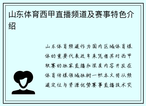 山东体育西甲直播频道及赛事特色介绍